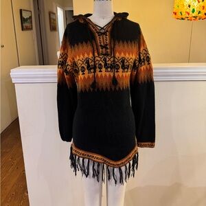Black and Orange Hooded Sweater with Fringe